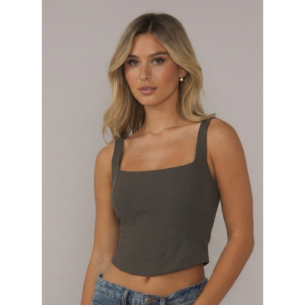 Zara Corset Style Seamed Crop Top Size S Dark Khaki Green Excellent
